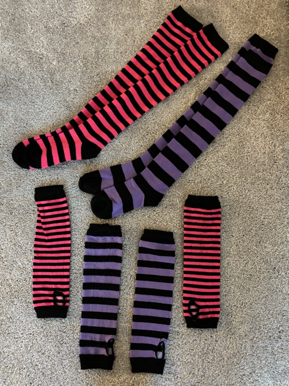 Striped Knee-High Socks & Arm Warmers - Pink/Black & Purple/Black